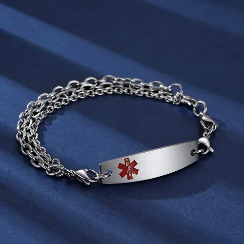 Vista 3 de mnmhope pulsera de alerta médica con grabado para hombre y mujer, de acero inoxidable, cadena intercambiable ajustable de 7.5 a 9pulgadas