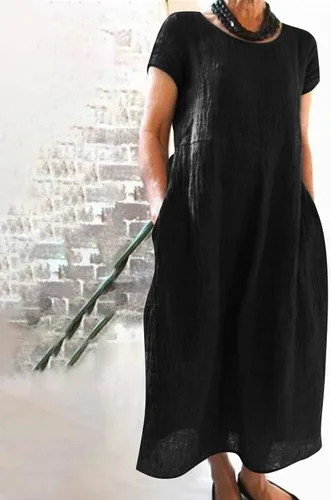 Vista 3 de Vestido casual de verano para mujer, de manga corta, cuello redondo, con bolsillos, holgado, de algodón y lino