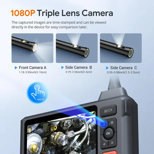 Vista 2 de Herramienta de boroscopio de triple lente, cámara endoscopio DEPSTECH con pantalla IPS de 5 pulgadas y luces, cámara de inspección de alcantarillado