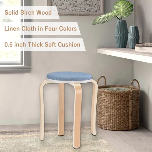 Vista 7 de Taburetes de madera, juego de 4 sillas redondas tapizadas sin espalda apilables para comedor, cocina, hogar, jardín, sala de estar y aula (D4002)