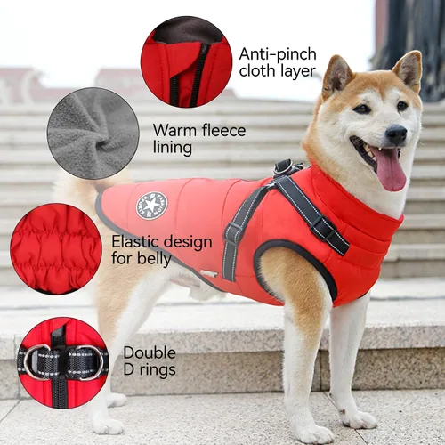 Vista 3 de Chaqueta cálida de invierno para perros – Abrigo impermeable a prueba de viento para mascotas con arnés integrado – Chaleco de vellón con cremallera