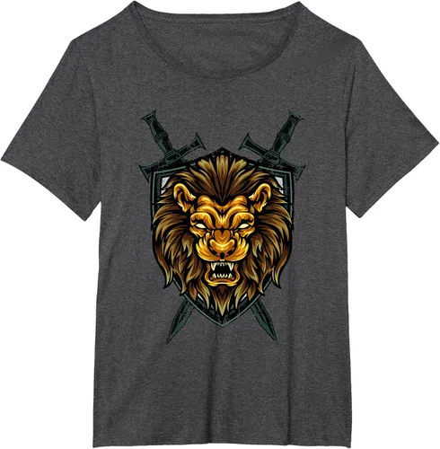 Vista 22 de Camiseta con diseño de caballero medieval renacentista, con diseño de espada de león, Negro, S