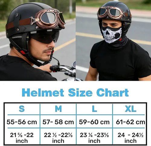 Vista 2 de Casco de motocicleta de estilo alemán, casco de cuero retro, aprobado por el DOT, para adultos, hombres y mujeres, casco de media cara vintage