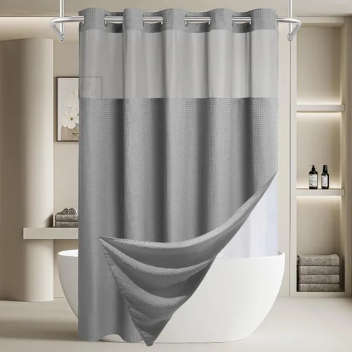 Vista 19 de EUTXL Cortina de ducha beige sin gancho con forro a presión, 230 GSM, cortinas de ducha para baño, 71 pulgadas de ancho x 74 pulgadas de alto