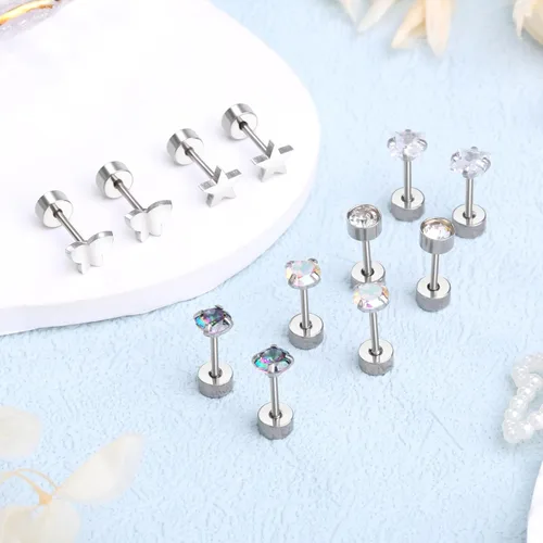 Vista 4 de Aretes de acero inoxidable quirúrgico hipoalergénico con parte trasera plana para mujeres y hombres, aretes de circonita cúbica para cartílago