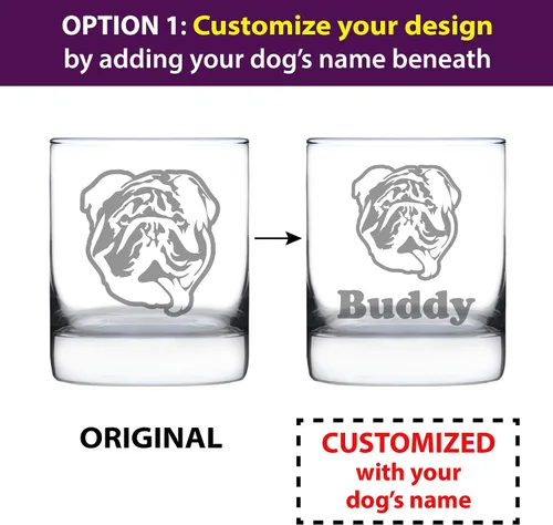 Vista 2 de Bulldog inglés personalizado, regalos divertidos de cristal de rocas de whisky para hombres y mujeres con bulldogs – Divertida decoración de vaso