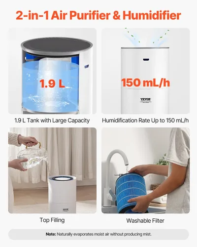 Vista 6 de VEVOR Purificador de aire 2 en 1 con humidificador, cubre hasta 1090 pies cuadrados en una hora, filtro True HEPA 11, silencioso de 22dB, filtra
