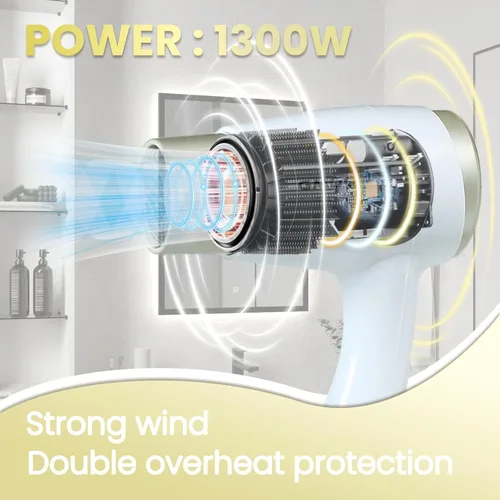 Vista 2 de Secador de pelo montado en la pared para baño, secador profesional de 110 V con motor de secado rápido, secador de pelo resistente para montaje