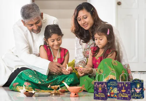 Vista 3 de Paquete de 12 bolsas de regalo con palabras de Diwali Happy Diwali, bolsa de regalo para festival de luces, bolsas de regalo de dulces con asas