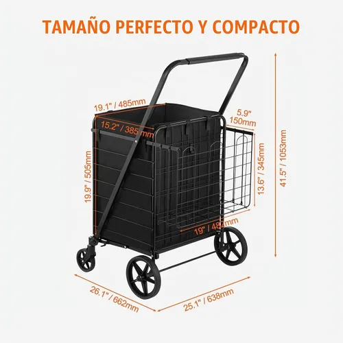Vista 6 de VEVOR Carrito de compras plegable con forro impermeable extraíble, carrito de comestibles jumbo de gran capacidad de 330 libras con canasta doble