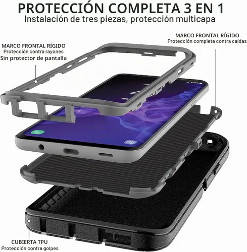 Vista 3 de Funda para Galaxy S9 Plus con protector de pantalla de TPU autorreparable [2 unidades], protección resistente 3 en 1 para Samsung S9 Plus Negro/Gris