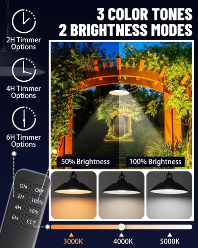 Vista 3 de Luces colgantes solares con control remoto, 3 colores, 2 modos de brillo, temporizador, lámpara de techo colgante para exteriores de 20 cm