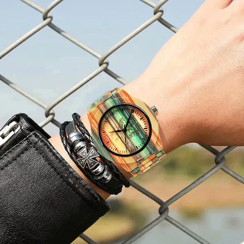 Vista 6 de Tiong Brand Wooden Watches Mens with Handmade Colorful Bamboo Wood Watch Analog Date Quartz Wooden Watch for Men