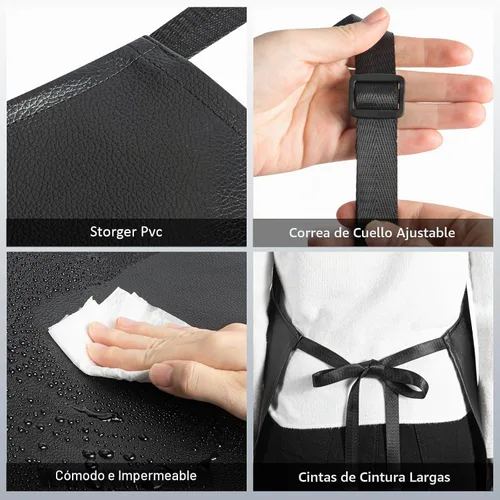 Vista 4 de Delantal impermeable, delantal de vinilo de goma extra largo resistente con bolsillo para hombres, delantales ajustables resistentes a productos