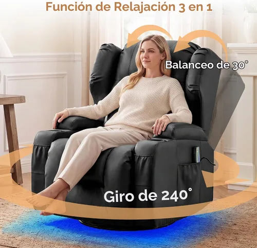 Vista 6 de URRED Silla reclinable giratoria eléctrica con masaje y calor, juego de 1 Negro