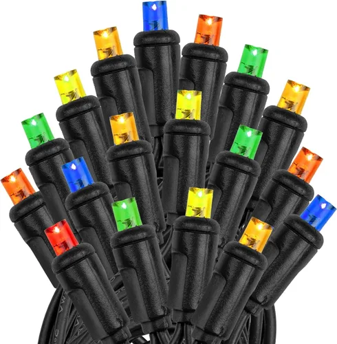 Vista 4 de Novelty Lights Guirnalda de luces de Navidad de 25 pies, 50 bombillas LED multicolor en cable negro, espacio de 6 pulgadas, iluminación conectable
