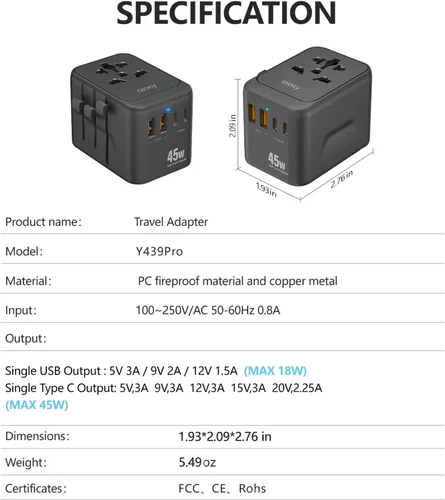 Vista 6 de Adaptador de viaje universal GaN de 45 W Adaptador de corriente internacional de 5 puertos con 2 USB-C PD 3.0, 2 USB-A QC 3.0 y salida de CA