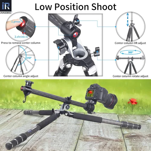 Vista 4 de INNOREL Trípode horizontal de fibra de carbono de 10 capas HT284C con columna central giratoria de 360 grados para DSLR, video, videocámara, cámara