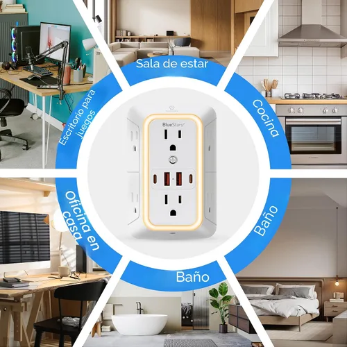 Vista 11 de Regletas de corriente para montaje en pared, cargador de pared, extensor de 6 enchufes, 4 puertos USB (5V, 2.4A, 12W) y luz nocturna, regleta