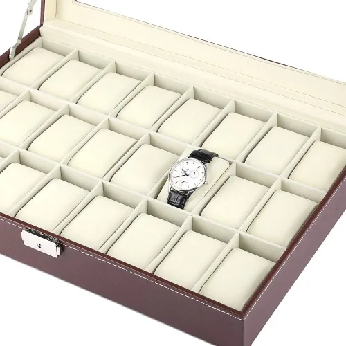 Vista 6 de Organizador de exhibición de relojes, caja grande de 24 ranuras para reloj con tapa acrílica, piel sintética marrón