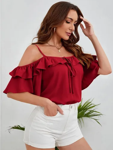 Vista 4 de WDIRARA Blusa de manga media con volantes y lazo frontal para mujer
