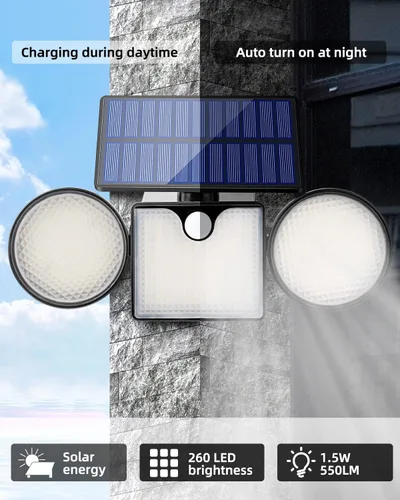 Vista 3 de Luces solares de pared para exteriores, 260 lm, 204 luces LED de inundación, luz LED IP65, 3 cabezales ajustables de iluminación gran angular