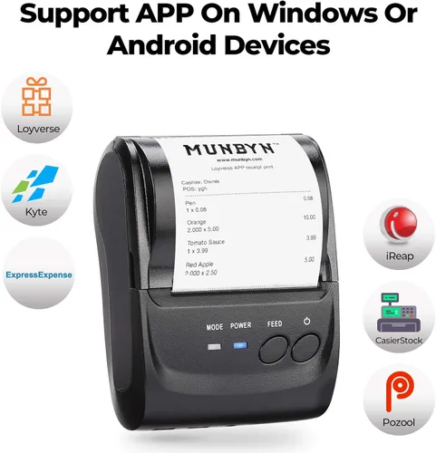 Vista 5 de MUNBYN Impresora térmica Bluetooth inalámbrica Android con funda de transporte, mini impresora portátil de recibos de facturas de 2 pulgadas