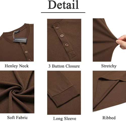 Vista 84 de COOFANDY Camisas Henley de manga larga para hombre, camisetas elásticas acanaladas, camisetas básicas casuales de moda
