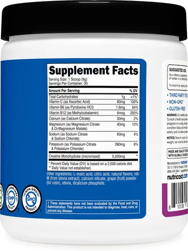 Vista 5 de Nutricost Monohidrato de creatina + hidratación con sabor a uva (30 porciones) - 7 vitaminas y minerales, 5000 mg de creatina por porción