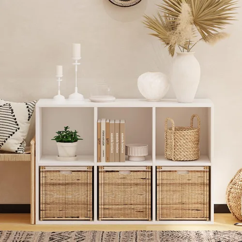 Vista 10 de Organizador de almacenamiento de 5 compartimentos de madera con panel trasero cerrado, estante de cubos negro resistente, organizador