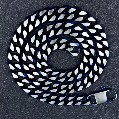 Vista 60 de YAMI Cadena de eslabones cubanos para hombre, azul/negro/oro de 14 quilates, acero inoxidable de 0.394-0.472 in de grosor, collar de cadena