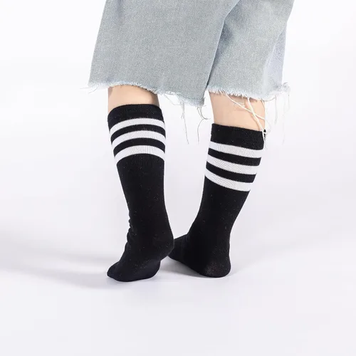 Vista 5 de BONANGEL Calcetines de fútbol para niños y niñas, de algodón, hasta la rodilla, a rayas, calcetines largos atléticos para niños y niñas, 4 pares