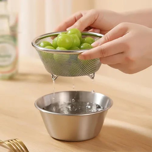 Vista 4 de Stainless Steel Colander, 16cm Portable Rice Washer Strainer Fruit Washing Bowl with Mixing Bowl for for Rice Pasta Spaghetti
