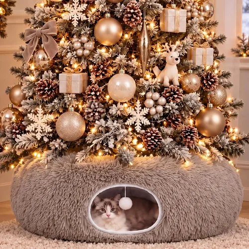 Vista 23 de Túnel de árbol de Navidad para gatos de 36 pulgadas, cama de dona, blanco