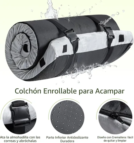 Vista 3 de Colchón de camping de espuma viscoelástica de 2.5 pulgadas, almohadillas para catre, tamaño individual, pequeño, portátil, enrollable, cubierta