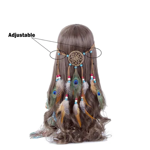 Vista 2 de AWAYTR Boho Dreamcatcher tocado pluma pavo real diadema diadema festival banda para el pelo (marrón)