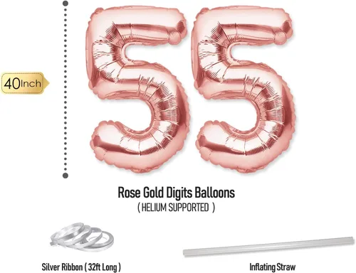 Vista 6 de Decoraciones de fiesta de cumpleaños número 55 para ella, suministros de oro rosa, juego grande con pancarta de cumpleaños y globos de 55 dígitos