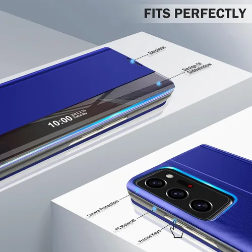 Vista 5 de Funda para Samsung Galaxy Note 20 Ultra 5G View Clear Window Leather para Samsung Note 20 Ultra Case Slim Mirror Hard PC Kickstand Luxury Flip A Azul