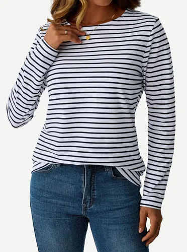 Vista 2 de LilyCoco Camisa de manga larga a rayas para mujer, cuello barco, camiseta de ajuste holgado Breton