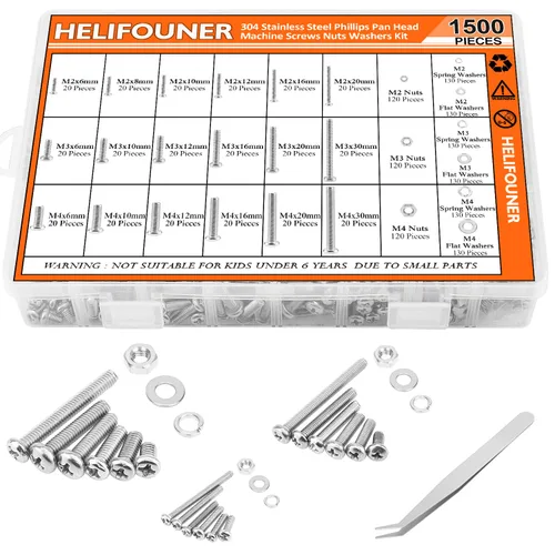 Vista 9 de HELIFOUNER 1500 piezas M2 M3 M4, cabeza de botón de acero inoxidable 304, tornillos métricos, pernos, arandelas, tuercas, kit surtido de accesorios
