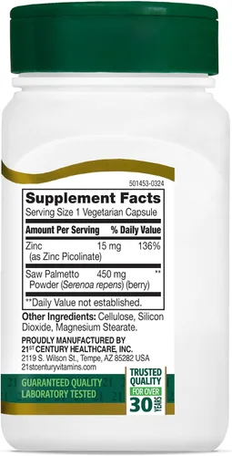 Vista 7 de 21st Century Saw Palmetto 450 mg cápsulas vegetales, 60