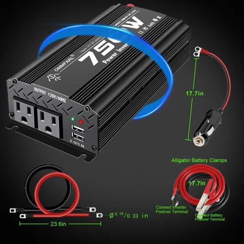 Vista 4 de Inversor de corriente de onda sinusoidal modificada de 750 W, CC 12 V a CA 110 V, pico de 1500 vatios, adaptador de inversor de enchufe