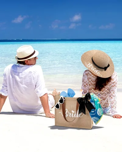 Vista 2 de Percozzi Wifey Bride Tote Bag Sun Hat Glasses Set Bride-To-Be Shower Gift Honeymoon Jute Bag Kit