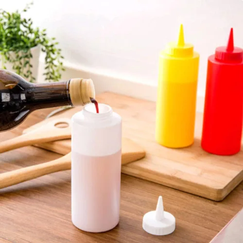 Vista 6 de Botellas de plástico de 3 colores para salsa exprimible con tapas de boquilla, dispensadores de botellas de condimentos reutilizables para mostaza