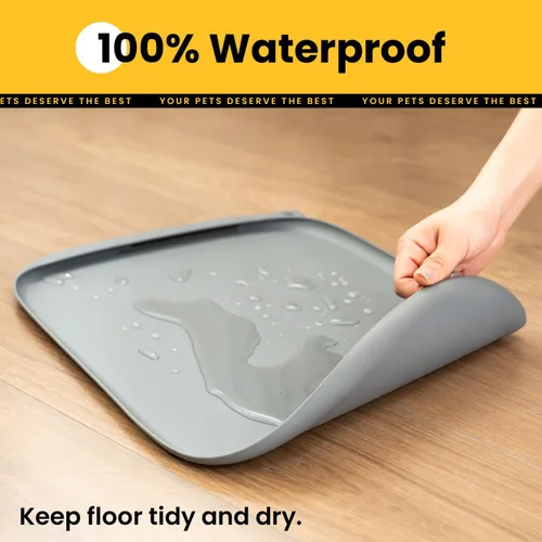 Vista 7 de Tapete de silicona para comida para perros con bolsillo lateral y agujero de gancho, bordes elevados suaves, fácil de limpiar, impermeable, Gris
