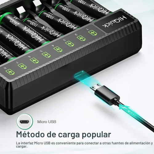 Vista 3 de HiQuick Cargador de batería AA AAA de 8 bahías con 4 pilas AA 2800mAh y 4