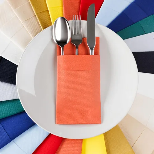 Vista 7 de Servilletas de bolsillo American Homesttead, paquete de 50 unidades, 15.75 x 15.75 pulgadas, papel de lino con tacto airlaid, plegadas con bolsillo