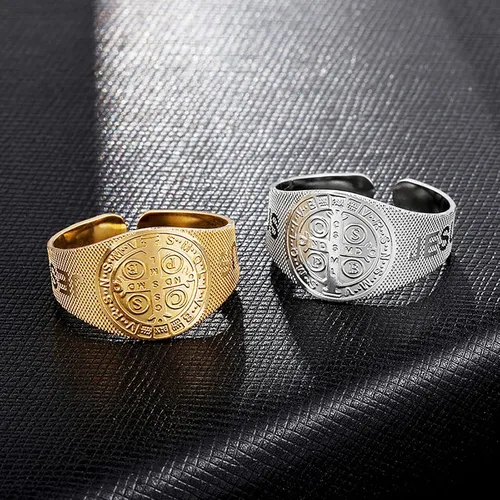 Vista 7 de JAJAFOOK Anillo de Jesús San Benito de acero inoxidable con apertura ajustable, joyería religiosa católica