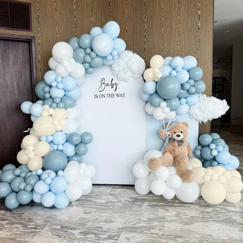 Vista 10 de ECEAE Kit de arco de globos con tema de oso color azul claro, beige, marrón claro y marrón, globos crema, guirnalda de globos para decoración