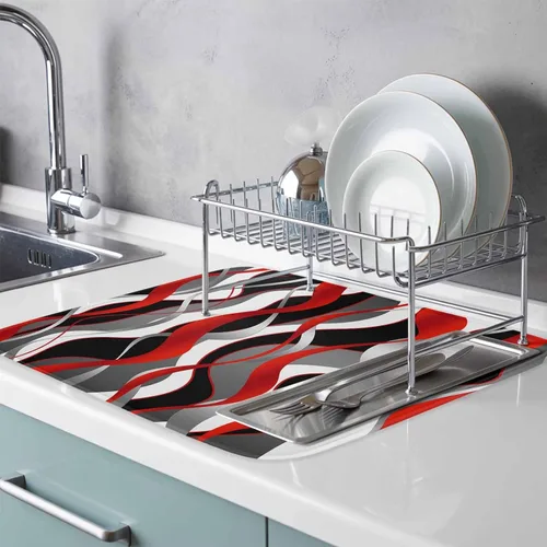 Vista 2 de Tapete de secado de cocina para mostrador de líneas abstractas 3D en negro, absorbente, plegable, de microfibra, color rojo, blanco, gris